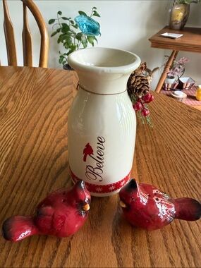 Believe Ceramic Vase with Red Cardinal Accent